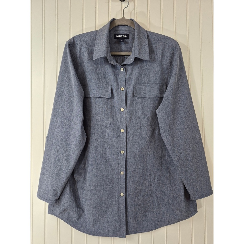 Lands End Womens Blue Chambray Button Down Shirt Long Sleeve Pocket M 10-12